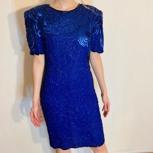 💙😇 VINTAGE 100% Silk Blue Sequin Sténay Dress 6